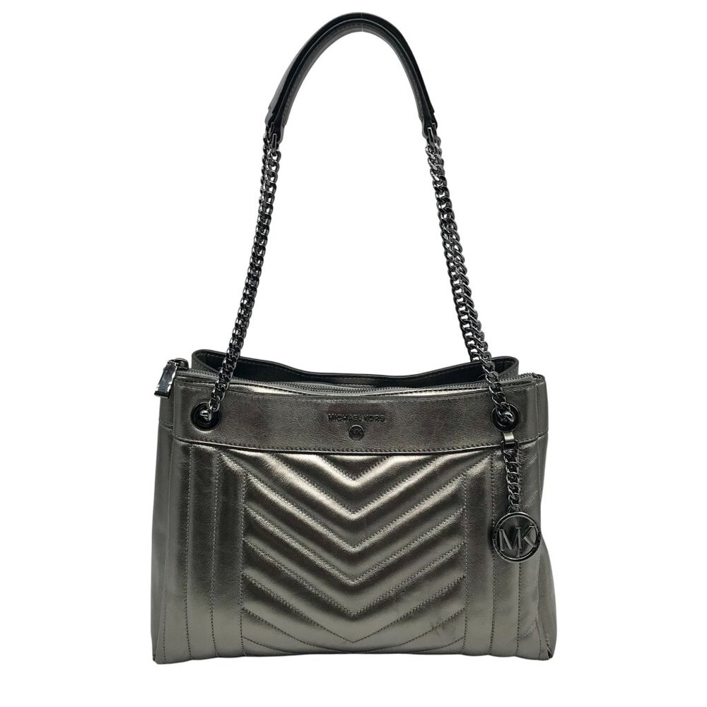 Michael Kors Metallic Grey Leather Susan Quilted Shoulder Bag